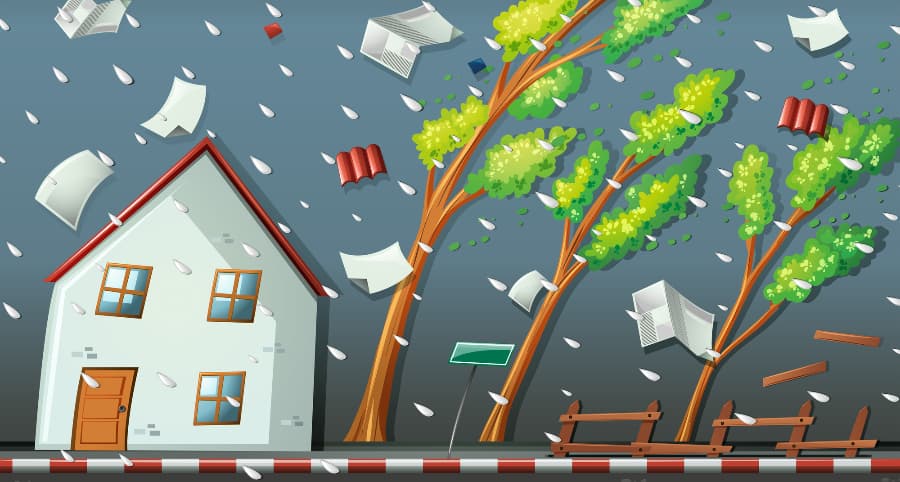 Illustration of a storm impacting a home and the surrounding environs